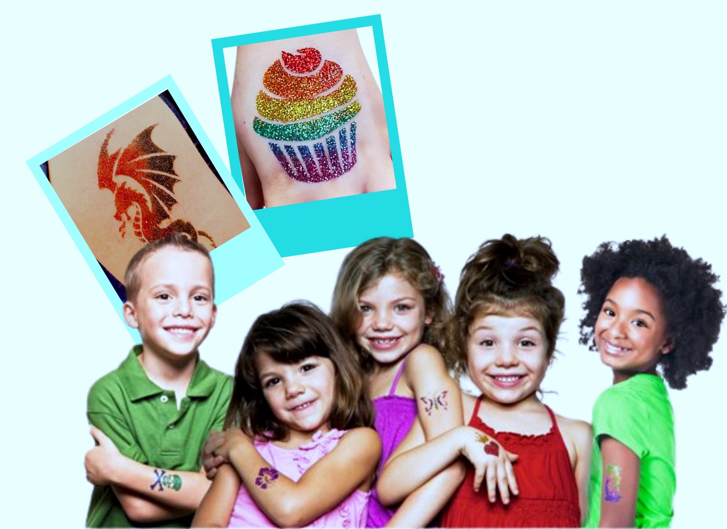 Kids showing off colorful glitter tattoos on their arms, including a cupcake design, at Miami Roller Rink